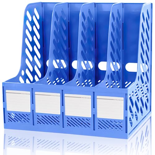 VRFTGHYJU 4 Compartment A4 Plastic File Organiser - Desktop Office Storage Rack, Folder Holder with Dividers for Home, School, Kitchen(Blue)