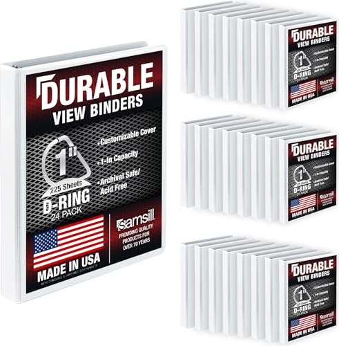 Samsill Durable 1 inch 3 Ring Binder, D Ring Binder, 100% Recycled Chipboard, White, 24 Pack, Bulk