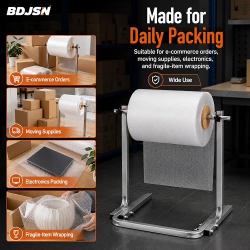 BDJSN Floor Standing Bubble Wrap Dispenser, Galvanized Steel Packing Roll Holder with Wooden Side Guides and Quick-Change Knobs, 70 Cm High for Warehouse Shipping and Moving Supplies 60cm