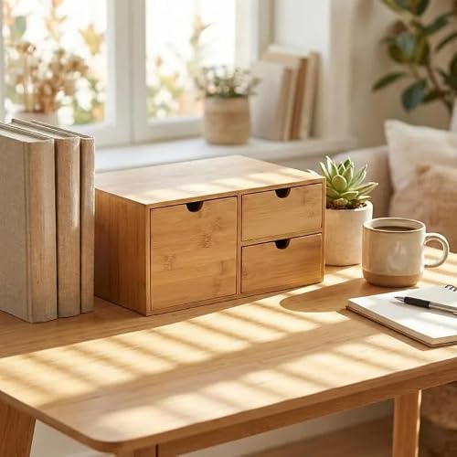 Natural Bamboo Desktop Organizer with 3 Drawers, Minimalist Desk Storage Box, Eco-Friendly Office Supplies Organizer for Home Office, Bedroom Vanity, Light Wood Color