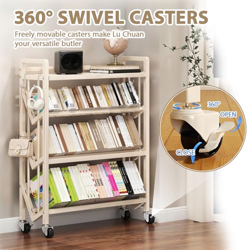 Multi-Layer Rolling Book Cart, Movable Bookshelf, L-Shaped Carbon Steel Mobile Book Carts with Wheels for Library, Office, Living Room, Bedroom, Classroom