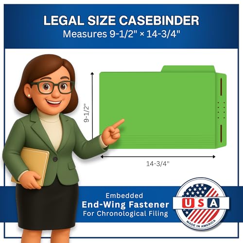 Green Casebinder Legal File Folders, Doctor Stuff, Top Tab, Legal Size with Fully Reinforced Back, 2” Embedded Fastener on Endwing, and 1/2 Cut Assorted Top Tabs, 14 pt Stock, Carton of 200