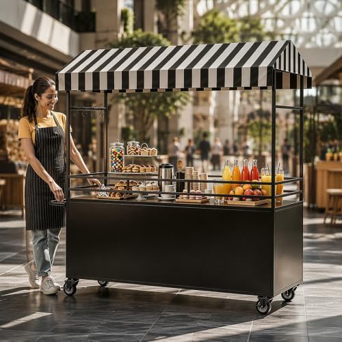 55in Portable Vendor Cart with Canopy and Lockable Wheels (Black)