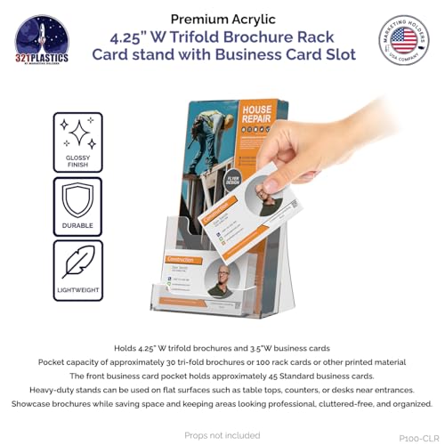 Marketing Holders 50 Pack Brochure Holder for 4.25" Rack Cards with Attached 3.5" x 2" Business Cards Clear Acrylic Countertop Space Saving Multi Slot Trifold Display Stand