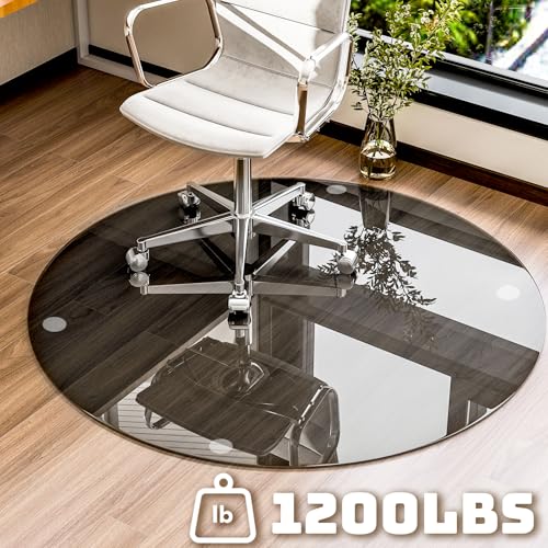 55" x 55" Round Tempered Glass Chair Mat for Carpet & Hardwood, Heavy-Duty Glass Floor Mat for Office Chair, Durable Glass Desk Mat for Home and Office, Grey