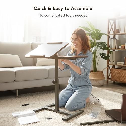 Displays By Jack Adjustable Height Rolling Laptop Desk with Tilting Top & Side Shelf – Mobile Sit Stand Computer Table on Wheels for Home Office, Classroom, Study Room