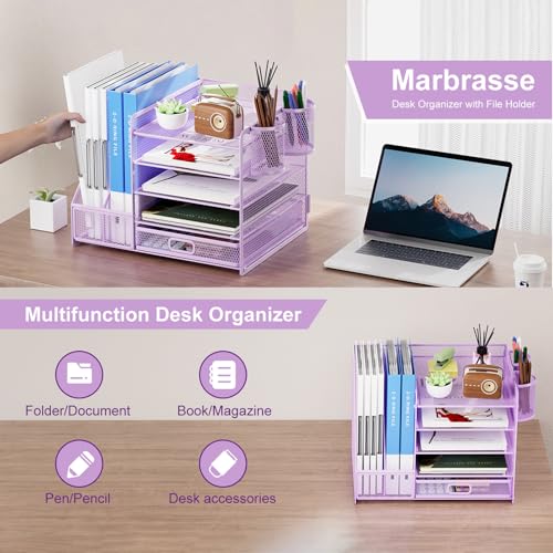 HurtSong Desk Organizers and Accessories with File Holder, 5-Tier Desk Accessories & Workspace Organizers with Drawer and 2 Pen Holder, Paper Organizer for Office Supplies(Pink)