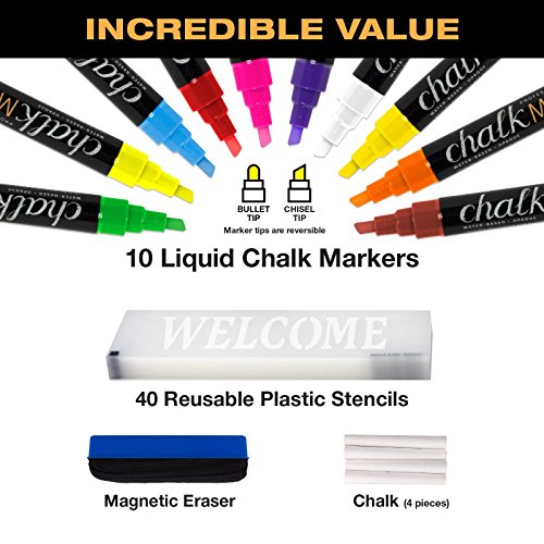 Sandwich Board Sidewalk Chalkboard Sign: Reinforced, Heavy-Duty / 10 Chalk Markers / 40 PIECE Stencil Set/Chalk/Eraser/Double Sided/Large 40x23 Chalk Board Standing Sign A-Frame (Rustic)