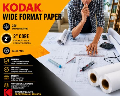 KODAK Wide Format Paper 24" x 150 FT 20# CAD Bond, 2" Core, 4 Rolls/Ctn