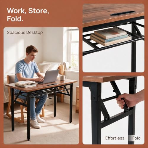 KGHJWWV Folding Conference Table, Heavy Duty Foldable Training Table with Storage Shelf, No‑Assembly Multi‑Purpose Rectangular Portable Desk for Office Meeting, Training, Home, Banquet,1