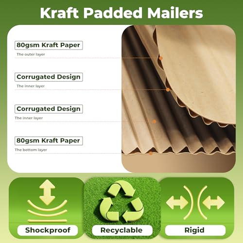 Tera Corrugated Cardboard Padded Kraft Paper Mailing Bags A5: 152 × 228 mm Pack of 50 80gsm Thickened Padded Self-Adhesive Recyclable Packaging Material for Cards Jewellery Photos Shipping Bags