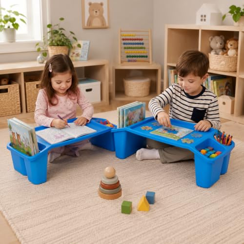Basicwise 2-Pack Blue Activity Desk Tables with Cup Holders & Storage