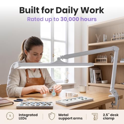 Neatfi Pro LED Task Lamp with Clamp | CRI 95 | 50W | 684 LED Beads | 4,500 Lumens | Touch CCT Dimming | 3000K-6500K | Desk Light for Reading, Crafting & Home Office Use (White-8, 31.8-Inch Wide Shade)