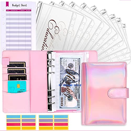 ONMYJFD A6 PU Leather Binder Planner Cash Envelopes Organizer with 12 Binder Pockets,12 Expense Budget Sheets,for Budgeting Money Saving(Black)