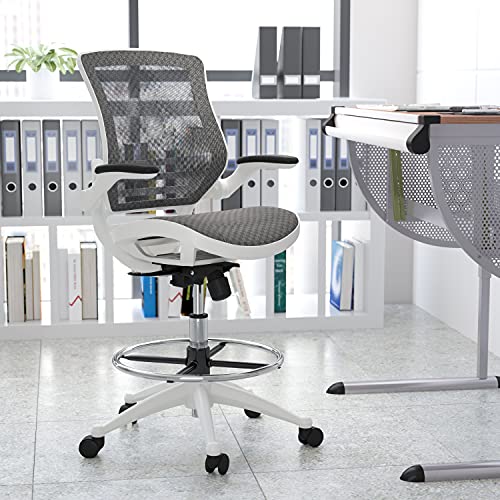 BizChair Mid-Back Transparent Gray Mesh Drafting Chair with White Frame and Flip-Up Arms
