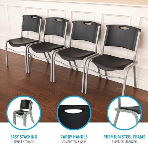 LIFETIME Stacking Chair, 4-Pack, Black Seat with Silver Steel Frame, Durable Commercial Seating