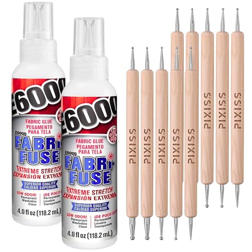 E6000 Fabri-Fuse Fabric Adhesive Glue 2-Pack (4oz) with Pixiss Wooden Handle Styluses (10pcs) - Rhinestones Glue for Clothes and Fabrics with Dotting Tools