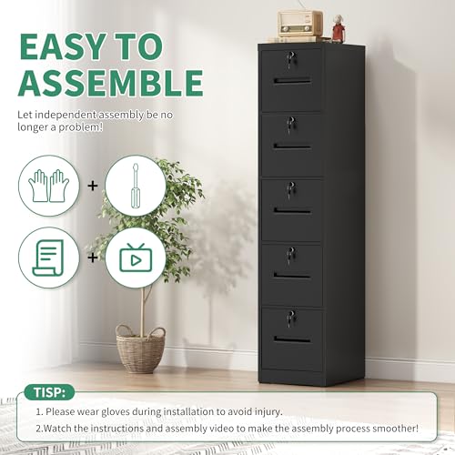 VIYET File Cabinet 5 Drawer with Lock, Vertical Filing Cabinets for Home Office, Metal Steel Storage Cabinet for Letter/Legal Size File, Assembly Required(Black)