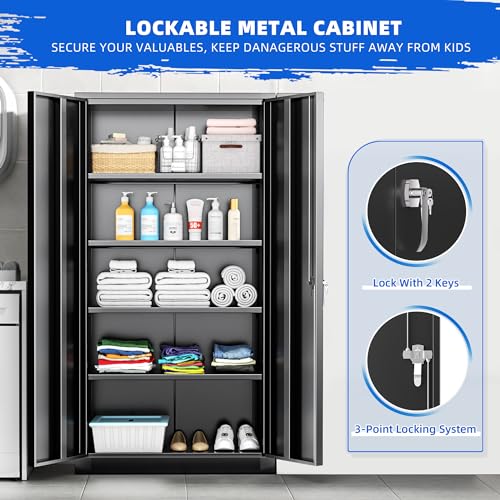 Superday Metal Garage Storage Cabinet with Lock, 72"×36"×18" Metal Storage Cabinets with 2 Doors and 4 Shelves, Black Locking Tool Cabinets for Home Office, Garage, File, Gym, School