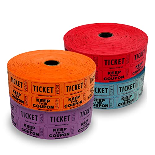 Raffle Tickets - 4 Rolls of 2000 Double Tickets - 8,000 Total - Dark Assorted Colors - Red, Blue, Purple, Orange