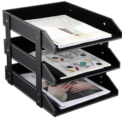 KINGFOM Letter Tray, Leather Paper Organizer Tray, Wooden Desk File Holder, Desktop File, Stackable Magazine Holder, Mail Sorter, Great for Home or Office - 3 Level Black
