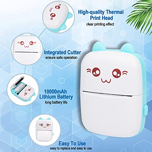Portable Printer, Mini Pocket Wireless Bluetooth Thermal Printers with 6 Rolls Printing Paper for Android iOS Smartphone, BT Inkless Printing Gift for Label Receipt Photo Notes Study Home Office, Blue