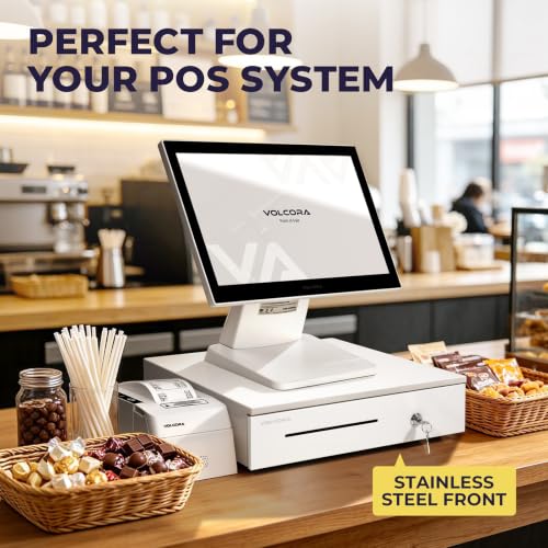 Volcora 16" Push Open Cash Register Drawer for Point of Sale (POS) System, Partial Removable White Heavy Duty Till with 5 Bills/8 Coin Slots, Key Lock and Double Media Slots