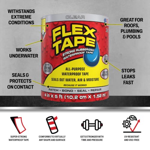 Flex Tape Strong Rubberized Waterproof Tape, Clear, 8 in x 25 ft, 1-Pack