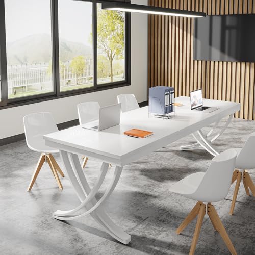 Tribesigns 6.5FT Conference Table for 6-8 People, 78 inch Long Rectangular Seminar Table with Strong Metal Frame, Business Furniture Boardroom Desk for Office Meeting Conference Room (1PC, White)