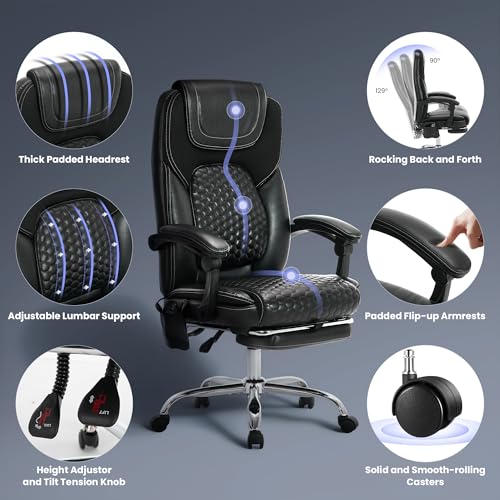 MALOL 300 lbs Big and Tall Massage Office Chair Set of 2-3-Level 65°C Targeted Heating, 2Easy Assembly Leather Desk Chair with Heat and Footrest, Executive Computer Chair with Side Pocket, Black