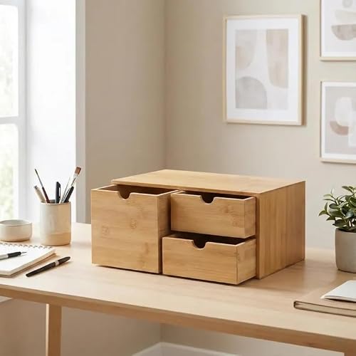 Natural Bamboo Desktop Organizer with 3 Drawers, Minimalist Desk Storage Box, Eco-Friendly Office Supplies Organizer for Home Office, Bedroom Vanity, Light Wood Color