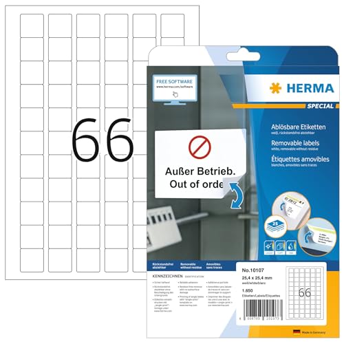 HERMA Self Adhesive Removable Labels, 66 Labels per A4 Sheet, 25 Sheets, 25.4 x 25.4 mm, 1650 Labels, Blank Multipurpose Labels Stickers, Sticky Labels for Laser & Inkjet Printer, White