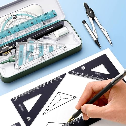 DUHTFCY Compass Geometry Kit Math Geometry Kit Set, 8 Pieces, with Storage Box, Student Supplies Drawing Compasses, Including Protractor, Ruler, Compass, Refill, Pen, Eraser Compass Set (A)