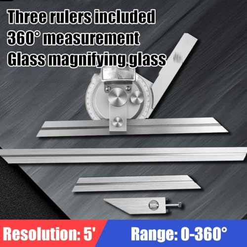 JBGYNU Universal Bevel Protractor, 0-360° Stainless Steel Measuring Finder with Magnifier, Adjustable Angle and 5' Resolution, for Internal and External Angle Measurement