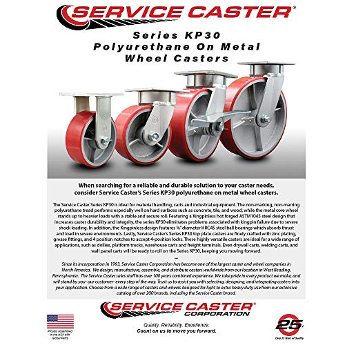 Heavy Duty Kingpinless Swivel Caster Set of 4 with 5 Inch Red Poly on Cast Iron Wheels and Ball Bearings - Includes 2 Swivel with Brakes and 2 Rigid - 4,000 lbs. Total Capacity - Service Caster Brand