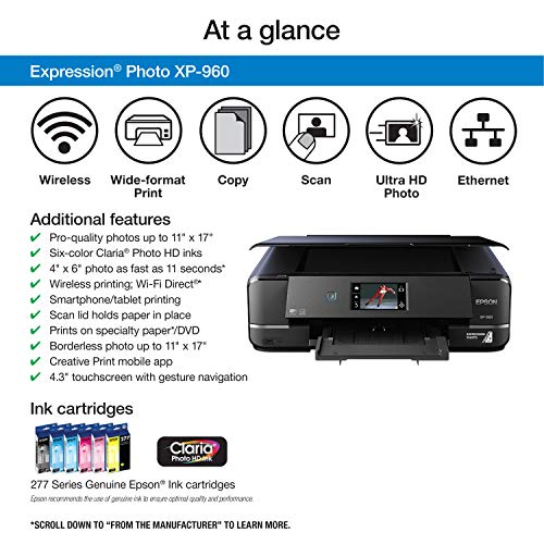 Epson Expression Photo XP-960 Wireless Color Photo Printer with Scanner and Copier, Compatible with Alexa