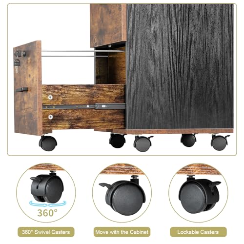 LOPUUFKJJ 2 Drawer Rolling Wood File Cabinet with Lock for Home Office Letter Size Filing Storage Mobile Brown Black