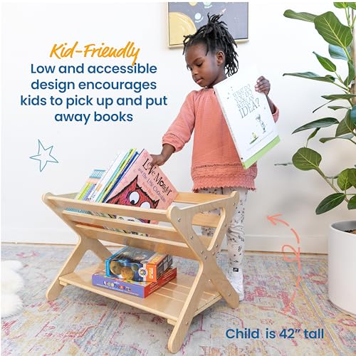 ECR4Kids Wooden Book Caddy with Storage Shelf and Handles, Natural