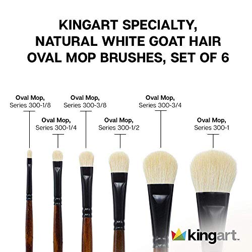 KINGART 1050A Premium 6 Pc. Flat Oval Mop Artist Brush Set, White Super-Soft Natural Goat Hair, Short Handle, 6 Sizes for Oil, Acrylic and Watercolor