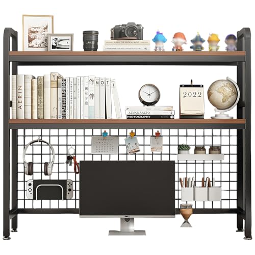 Desktop Bookshelf for Computer Desk, 1~2-Tier Multipurpose Wood Hutch Bookcase Organizer, Countertop Storage Hutch with Grid Panel, Desk Shelves for Office Home Dorm,Black 2tier 21in