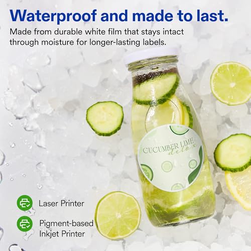 Avery Durable White Round Waterproof Labels, 2" Diameter, Laser/Pigment-Based Inkjet Printer Compatible, 2000 Printable Labels Total, Great for Branding, Packaging, and More