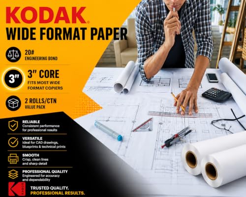 KODAK Wide Format Paper 17 x 500 FT 20# Engineering Bond, 3" Core, 2 Rolls/Ctn