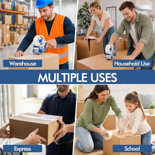 2 Pack Heavy Duty Packing Tape Dispenser Gun with 12 Pack Clear Packaging Tapes, 2 Inch Packaging Tape with Dispenser for Carton Sealing, Moving Boxes, Shipping (Blue)