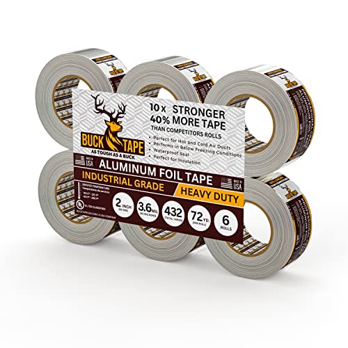 6 Pack Buck Aluminum Foil Tape – 2 Inch x 216ft (72 yd), 3.6 Mil – HVAC Tape for Ductwork, AC, Dryer Vents & Insulation – Silver Foil Tape for Metal Repair, Exhaust Sealing & Air Conditioning