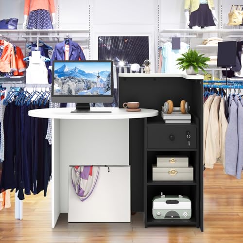SILKYDRY Reception Desk, Small Retail Checkout Counter with Lockable Drawer and Open Shelves, Wooden Front Desk Reception Counter, Oval Desktop & L Counter for Store Office Lobby Salon (Black)