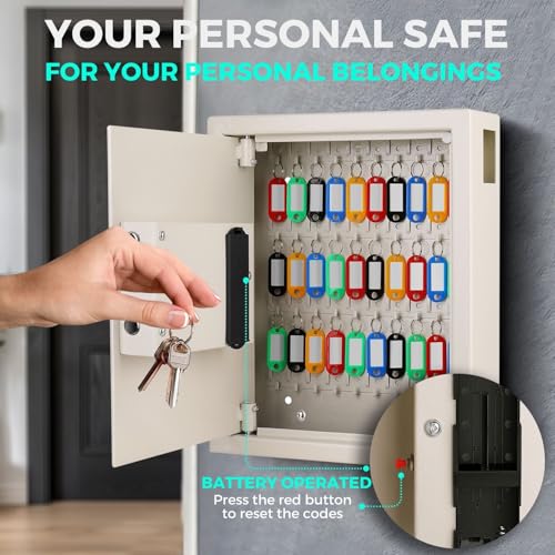 Flexzion Key Box Wall Mount with Code, Key Cabinet, Key Deposit Slot, 40 Key Holder Organizer Locker Case, Colored Key Tags Wall Mounted Lock Box for Keys Storage (Gray)