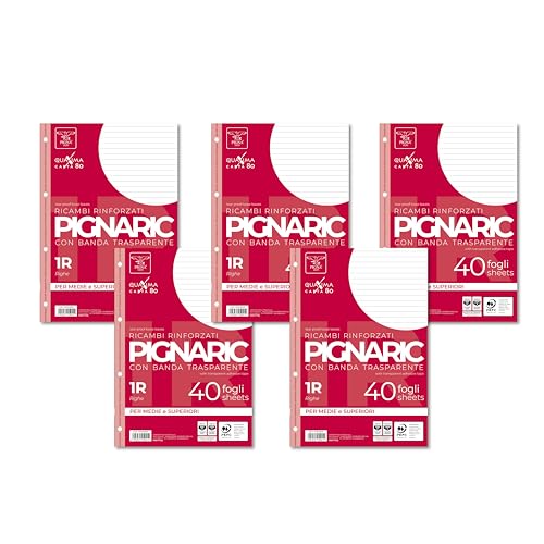 Pigna - Pack of 5 Packs of 40 Sheets A4 Spare Notebook Rings, Perforated Loose Sheets, 4 Reinforced Holes, Sheets with Reinforced Holes, 1R, Lines