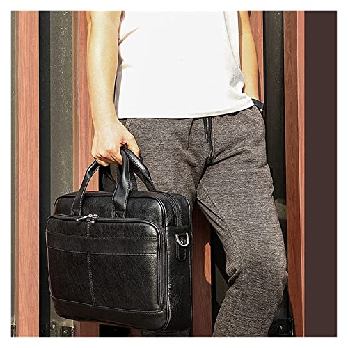 XIADENGLAN Crazy Horse Leather 15.6" Laptop Briefcase Business Office Shoulder Handbags Retro Cross-Body Messenger Tote Bag(Black)