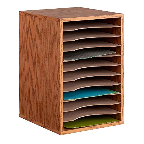 Safco Vertical Desktop Sorter, Wooden Paper Organizer for Home Office and Classroom, 11 Adjustable, Letter-Size Compartments, Medium Oak