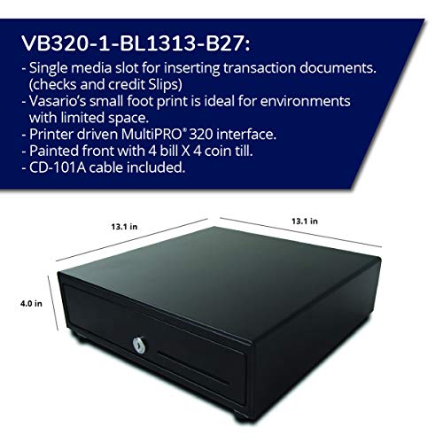 APG Standard- Duty 13” Electronic Point of Sale Cash Drawer | Vasario Series VB320-1-BL1313-B27 | with CD-101A Cable | Printer Compatible | Plastic Till with 4 Bill/ 4 Coin Compartments | Black